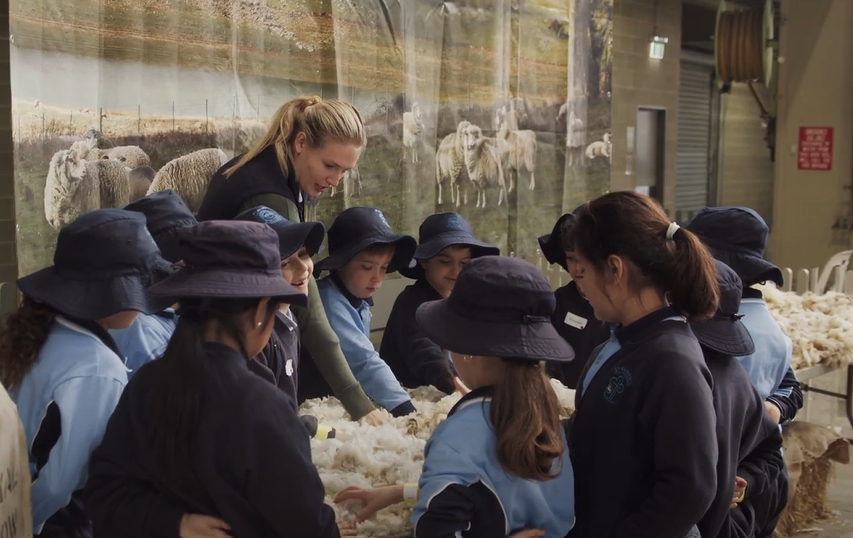 Children in uniforms learning about agriculture at the Sydney Royal Easter Show